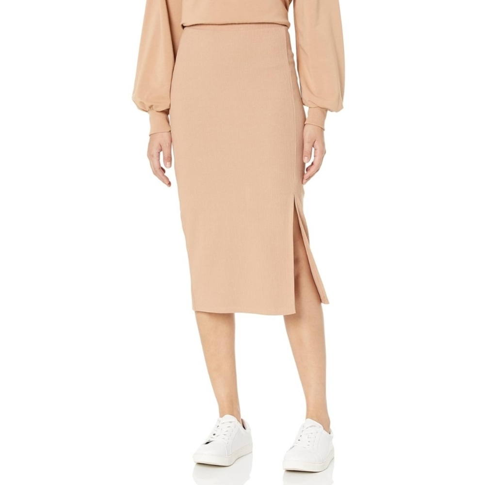 The Drop Women's Veronique High-Waist Slit Skirt. Beige. Size: M